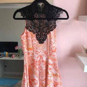 Coral and Pink Dress with Black Lace Details